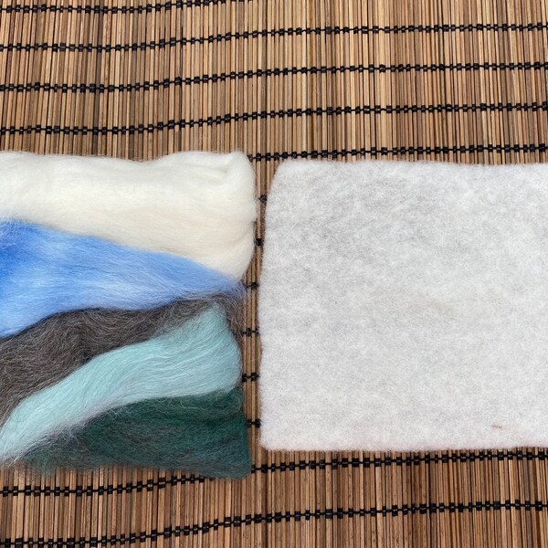 Complete Needle Felt Landscape Kit, small 4 x 5 inches, prefelt backing, hand carded and blended wools, 2 Groz Beckert felting needles.