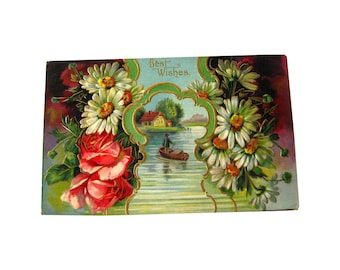 Best Wishes Embossed Postcard With Roses and Daisies - Vintage Ephemera - Best Wishes Post Card