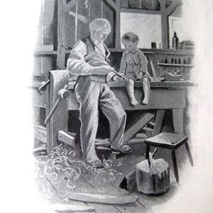 May include: Black and white illustration of a man and a boy in a workshop. The man, wearing a vest and pants, works with a tool at a workbench. The boy sits on the workbench. Wood shavings are on the floor. A small stool and a wood block are also visible.