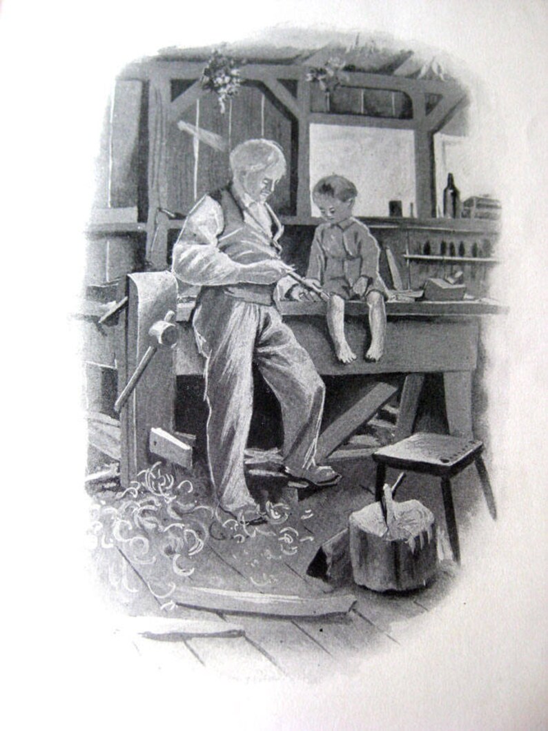 May include: Black and white illustration of a man and a boy in a workshop. The man, wearing a vest and pants, works with a tool at a workbench. The boy sits on the workbench. Wood shavings are on the floor. A small stool and a wood block are also visible.