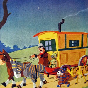 May include: A vintage illustration depicts a whimsical scene. A horse and a zebra-striped donkey pull a yellow wagon with a man at the reins. Other animal figures, including a dog and a tiger-striped animal, are also present, creating a storybook feel.