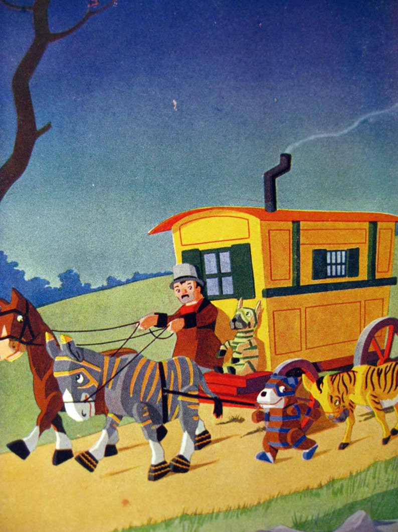 May include: A vintage illustration depicts a whimsical scene. A horse and a zebra-striped donkey pull a yellow wagon with a man at the reins. Other animal figures, including a dog and a tiger-striped animal, are also present, creating a storybook feel.
