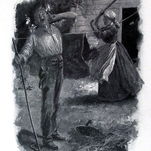 May include: Black and white illustration depicting a dramatic scene. A man in work clothes recoils in shock, holding a rake. A woman in a long dress and apron swings a shovel. The setting appears to be outdoors, possibly a yard.