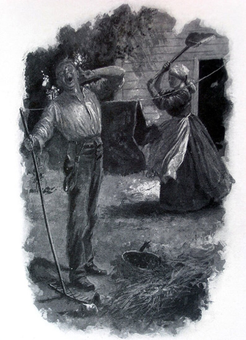 May include: Black and white illustration depicting a dramatic scene. A man in work clothes recoils in shock, holding a rake. A woman in a long dress and apron swings a shovel. The setting appears to be outdoors, possibly a yard.