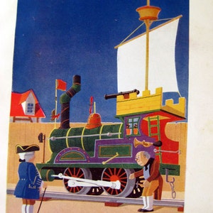 May include: Illustration of a whimsical train with a sail and a weather vane, featuring a green and purple engine. Two figures in period clothing stand near the train on tracks. A red flag and a small house are in the background.