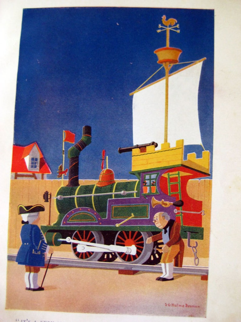 May include: Illustration of a whimsical train with a sail and a weather vane, featuring a green and purple engine. Two figures in period clothing stand near the train on tracks. A red flag and a small house are in the background.