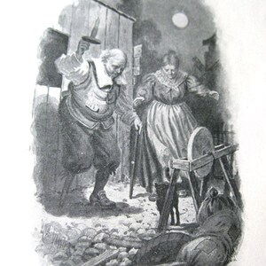 May include: Black and white illustration depicting a historical scene. A man in period clothing holds a candle, while a woman walks with a cane. A grinding wheel and a figure on the ground are also visible.