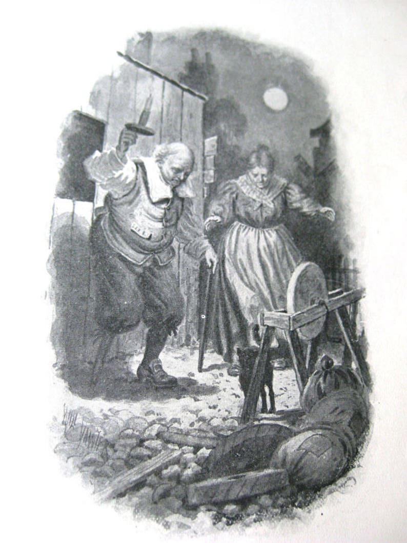 May include: Black and white illustration depicting a historical scene. A man in period clothing holds a candle, while a woman walks with a cane. A grinding wheel and a figure on the ground are also visible.