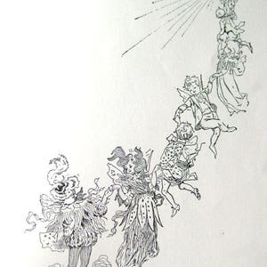 May include: Black and white illustration of whimsical figures in a line, ascending towards a light source. The figures are dressed in ornate costumes, with one figure in a floral-like outfit. The artwork is detailed and appears to be from a vintage book.