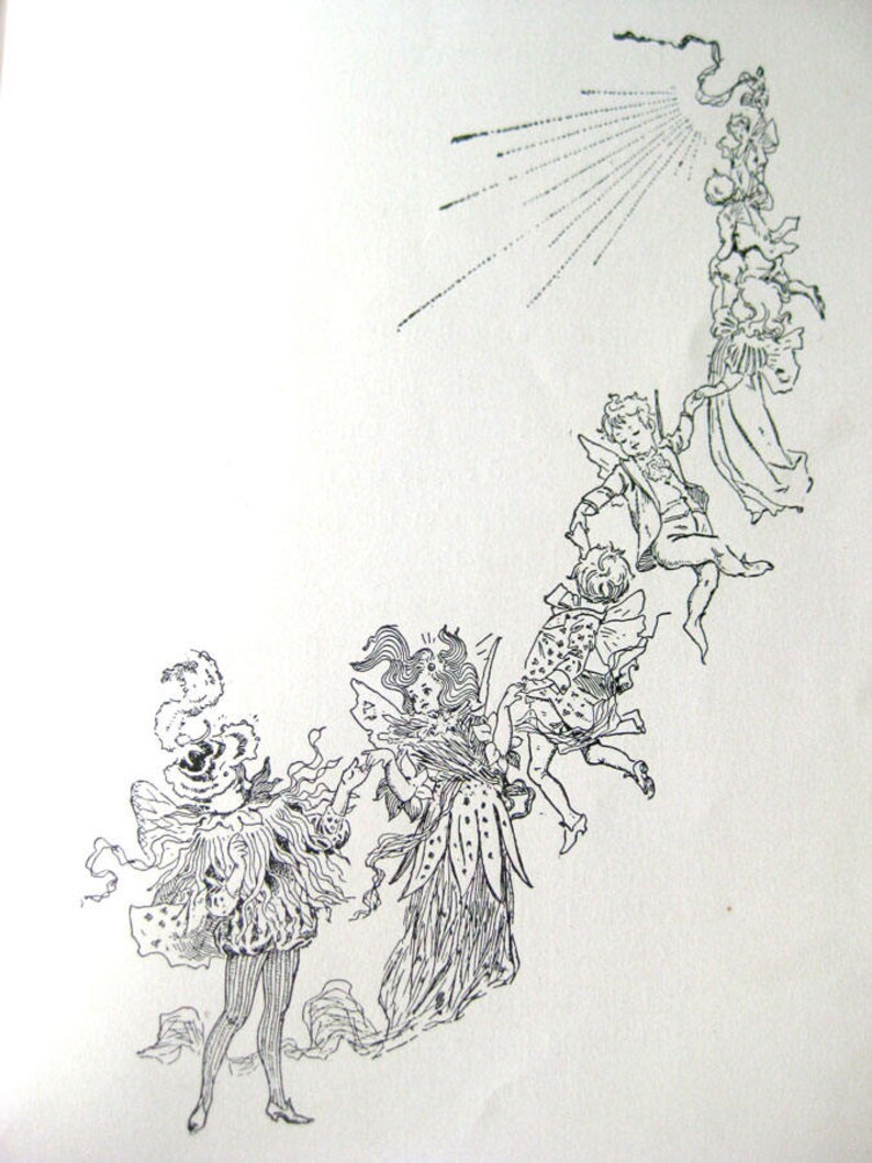 May include: Black and white illustration of whimsical figures in a line, ascending towards a light source. The figures are dressed in ornate costumes, with one figure in a floral-like outfit. The artwork is detailed and appears to be from a vintage book.