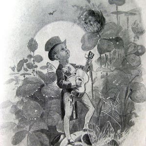 May include: Black and white illustration of a fairy playing a guitar. The fairy is wearing a hat, jacket, and pants, with butterfly wings. The fairy is standing on a snail shell, surrounded by plants and a spider web.