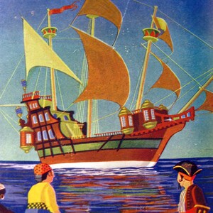May include: Illustration of a tall ship with brown sails and a red and brown hull sailing on blue water. Figures in pirate attire stand on a wooden deck, observing the ship. The sky is a gradient of blue.
