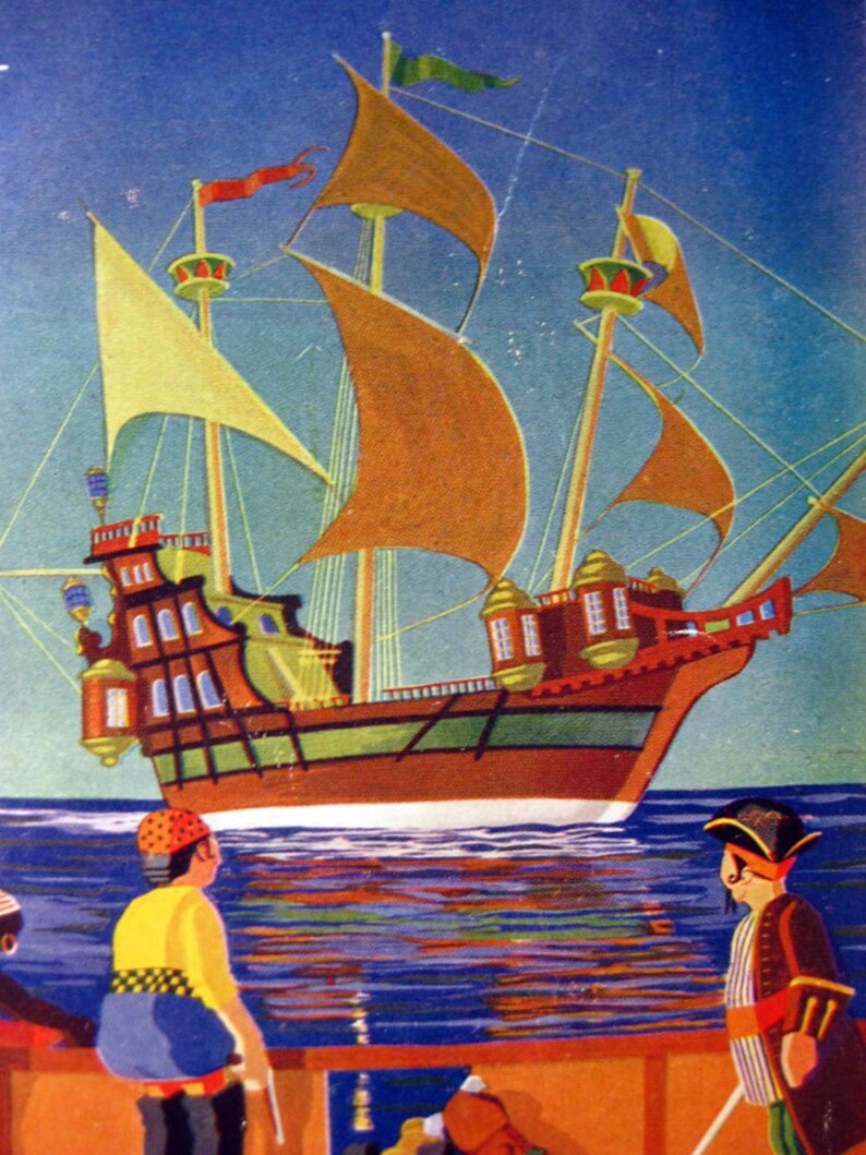 May include: Illustration of a tall ship with brown sails and a red and brown hull sailing on blue water. Figures in pirate attire stand on a wooden deck, observing the ship. The sky is a gradient of blue.