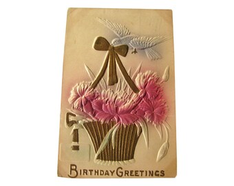 Birthday Greetings Embossed Postcard Gilded Basket - Vintage Ephemera - Birthday Postcard