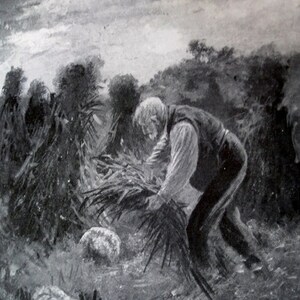 May include: A grayscale painting depicts a farmer harvesting crops in a field. The farmer, wearing a vest and long-sleeved shirt, bends to gather bundles of wheat. The sky is overcast, and the scene evokes a sense of rural labor.