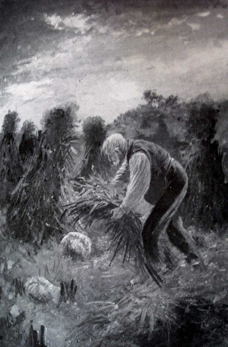 May include: A grayscale painting depicts a farmer harvesting crops in a field. The farmer, wearing a vest and long-sleeved shirt, bends to gather bundles of wheat. The sky is overcast, and the scene evokes a sense of rural labor.