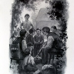 May include: A black and white illustration depicts a group of people gathered outdoors. Several children and adults are seated or standing around a central point, possibly a fire or a meal. The scene is shaded by foliage, suggesting a natural setting.