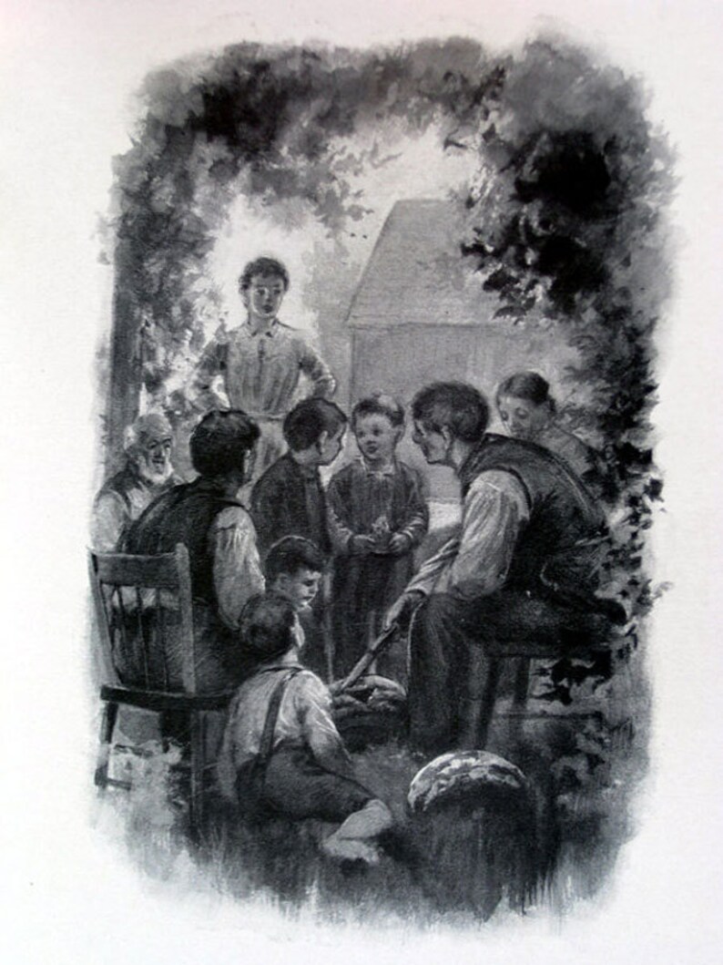 May include: A black and white illustration depicts a group of people gathered outdoors. Several children and adults are seated or standing around a central point, possibly a fire or a meal. The scene is shaded by foliage, suggesting a natural setting.