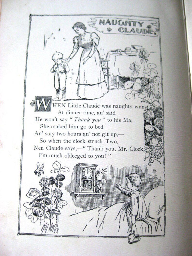May include: An illustration from a vintage children's book, featuring a scene with a woman and a young boy. The text reads "NAUGHTY CLAUDE" at the top. The image is in black and white, with detailed line art.
