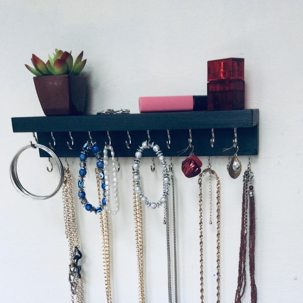 Necklace Holder with Shelf, Necklace Wall Holder, 23 Hooks, 3 in. Shelf, Jewelry Organizer, Wall Jewelry Rack, Necklace Storage,