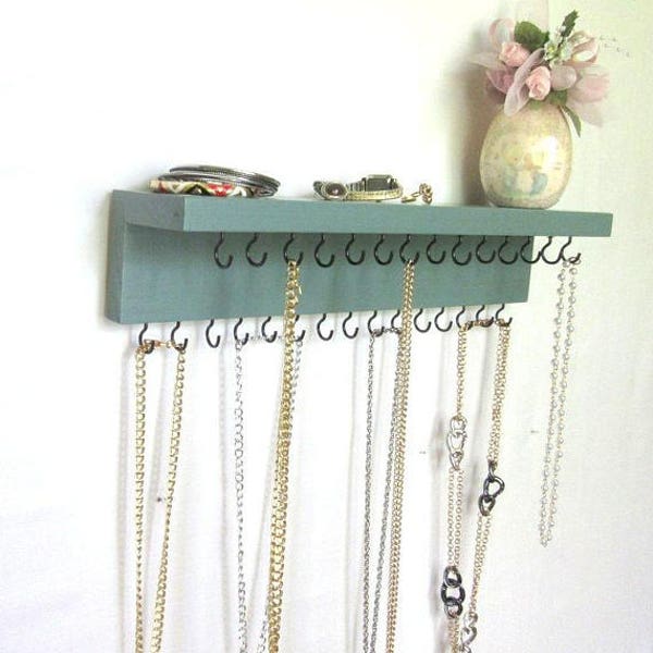 Necklace Holder with Shelf -READY TO SHIP - Wall Mount Jewelry Organizer - Jewelry Holder - Jewelry Storage - Wall Jewelry Rack - 29 Hooks