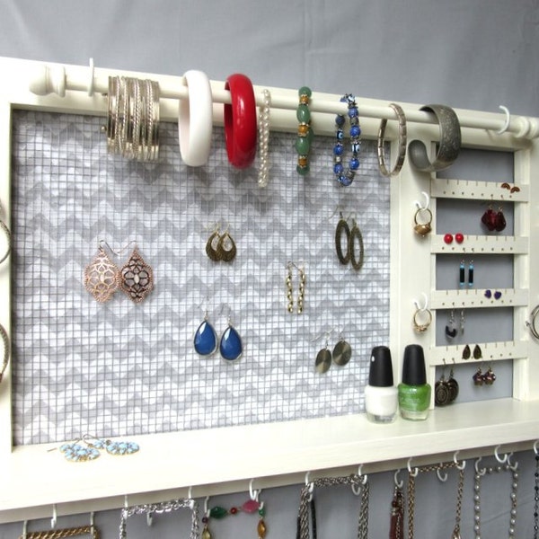 Earring Wall Mount Organizer Displays Necklaces Earrings & Has Bracelet Bar 31 Hooks - 4 Slats Can Hold 32 Pairs of Earrings - Ready to Ship