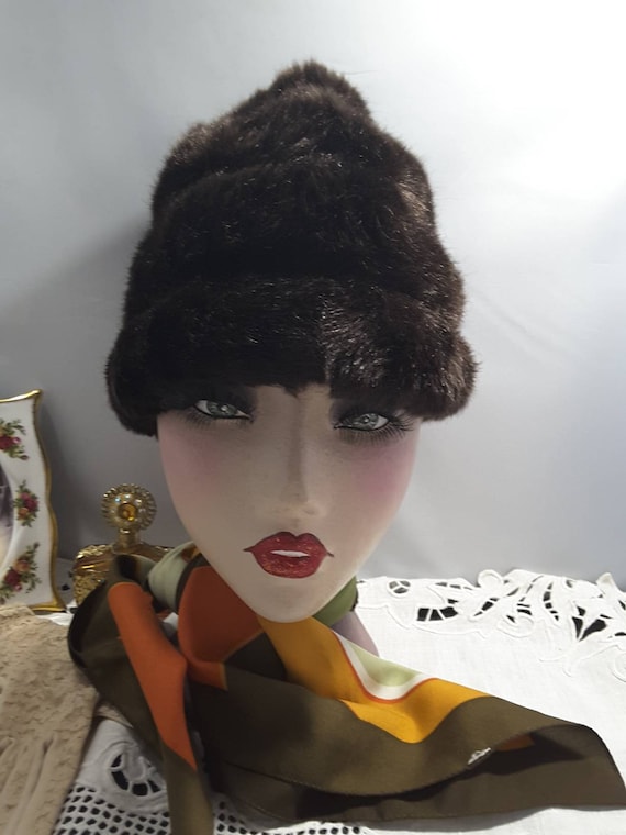 1950's Brown Faux Fur Banded Cone Hat