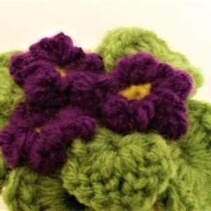 May include: Crocheted purple flowers with yellow centers, surrounded by green crocheted leaves.