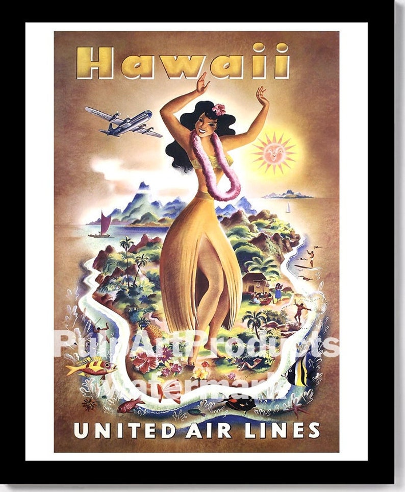 UNITED AIR LINES 1950s Hawaii Hula Girl Travel Poster image 1