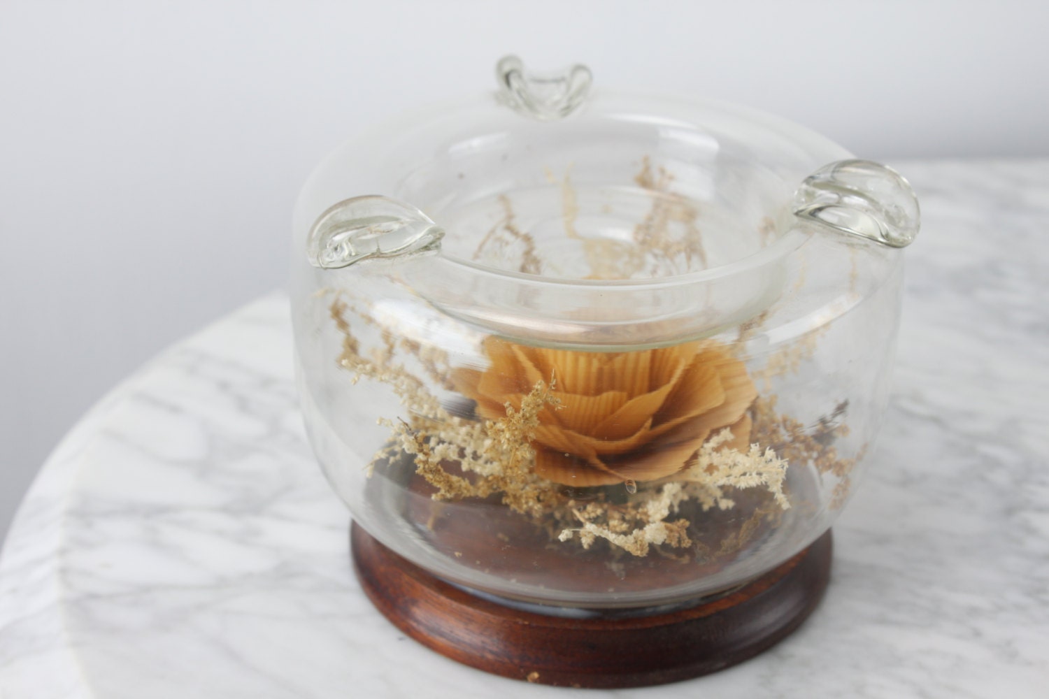 Vintage Glass Ashtray Dried Flowers Wood Rose Folk Art