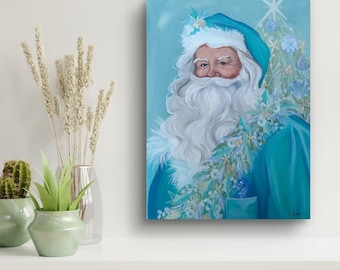 Coastal Santa Painting: Turquoise Christmas Decor, Blue and Beachy Holiday Art