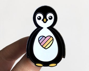 Penguin enamel pin, cute gifts for friends, rainbow heart accessories uk badge
