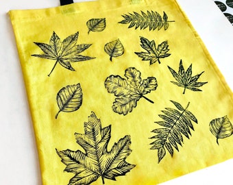 Eco friendly canvas shopping bag, Lino print leaf tote bag, yellow and black fabric shoulder bag hand printed linocut