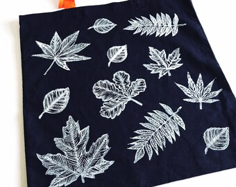 Linocut cotton tote bag, hand printed original leaf lino print, eco friendly canvas shopper, black fabric shoulder bag