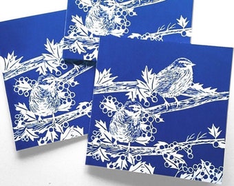 Bird lino print set of cards handmade Christmas linocut cards uk, Chinoiserie print cards, Dark blue and white