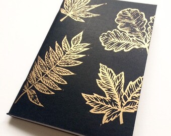 Original linocut notebook, Hand printed gifts for artists, Mini sketchbooks A5, Autumn leaves lino print black and gold