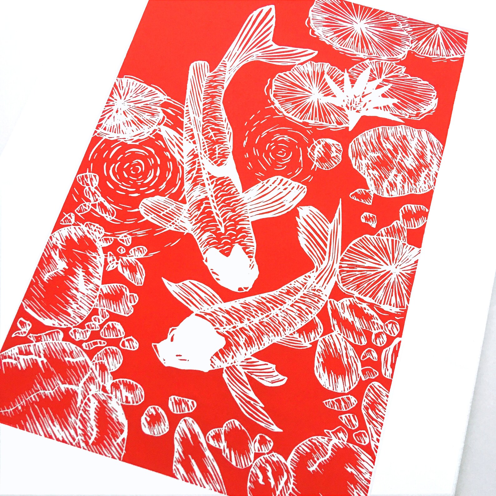 Koi fish lino print original, Japanese linocut art print A3, Underwater zen...