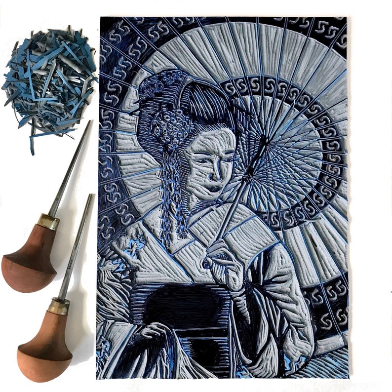 Geisha linocut print A3 Original Japanese art lino print Etsy