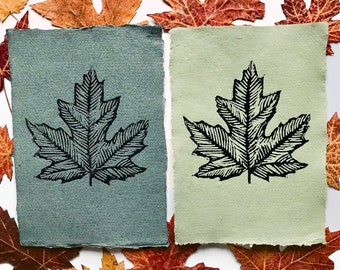 Oak, Maple, Rowan, Acer leaves linocut, Mini lino prints hand printed art on Khadi cotton paper A5