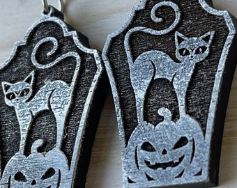 Gravestone - Headstone - Tombstone - Cemetery - Earrings - Jewelry - Accessory - Wood - Spooky - Halloween - Cat - Pumpkin - Gift - Holiday