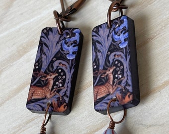 William Morris - Klemscott - Art Nouveau - Dangle - Earrings - Deer - Woods - Birds - Sophisticated Vintage - Illustration Jewelry