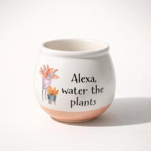Puede incluir: Maceta de cerámica blanca con base color melocotón. La maceta presenta una ilustración de acuarela de plantas y el texto "Alexa, water the plants". Un artículo decorativo para plantas de interior.