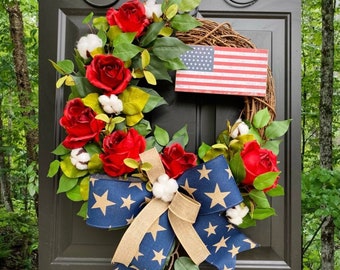 American Flag Wreath, USA Flag Decor, 4th of July Wreaths, Farmhouse Rustic Home Decor, Rose Wreath, Cotton Wreath, Independence Day Decor