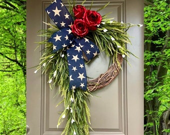 Flag Wreath, Summer Wreaths, Fourth of July Home Decor, Independence Day Decorations, Patriotic, Housewarming Gifts, Unique, Best seller
