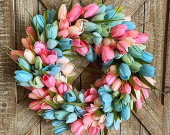 Tulip Wreath, Shabby Chic Wreath, Pink Tulip Wreath, Blue Tulip Wreath, Spring Wreath, Front Door Wreath, Summer Wreath, Mothers Day Gift