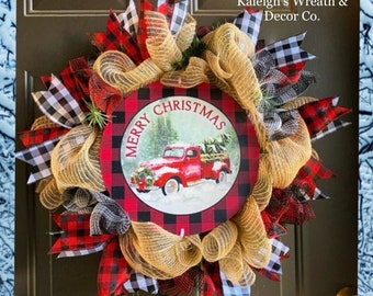 Christmas Wreath for Front Door, Buffalo Plaid Decorations, Burlap Christmas Wreath, Christmas Truck Wreaths, Rustic Christmas Decor, Winter