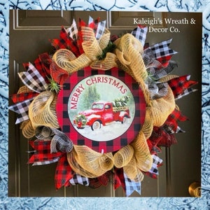 Christmas Wreath for Front Door, Buffalo Plaid Decorations, Burlap Christmas Wreath, Christmas Truck Wreaths, Rustic Christmas Decor, Winter