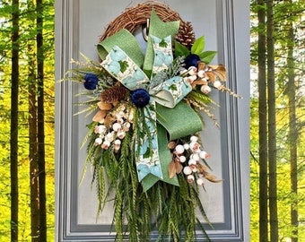 Blue Fall Wreath, Cascading Greenery Front Door Wreath, Pumpkin Wreaths, Autumn Grapevine, Fall Farmhouse Home Decor, Gift Ideas, Rustic