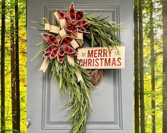 Christmas Wreath for Front Door, Buffalo Plaid Christmas Decor, Poinsettia Wreath, Farmhouse Christmas, Cascading Greenery Winter Wreath
