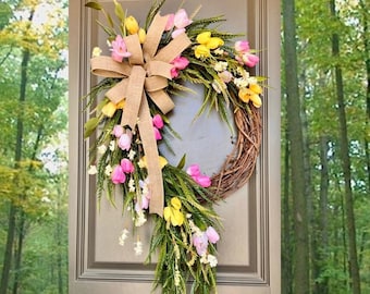 Tulip Wreaths for Front Door, Spring Wreath, Easter Wreath, Wreaths for Front Door, Grapevine Wreath, Mothers Day, Spring Tulip, Wreathes